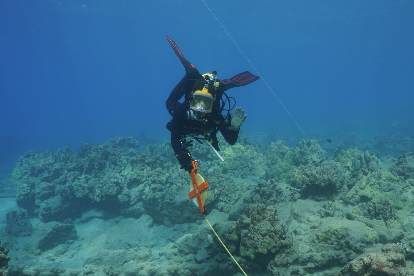 A diver waving underwater. They hold a spooled measuring tool.