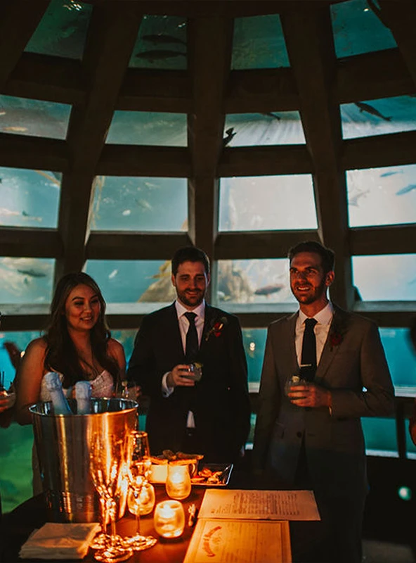 From left to right, a woman and two men all wearing former attire standing in the Underwater Dome area of the Seattle Aquarium. They are holding drinks as if participating in a toast. A table with candles, food, and various items is in front of them.