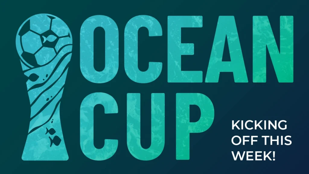 Seattle Aquarium Ocean Cup kicking off this week! Features an illustration of an ocean themed trophy with a soccer ball at the top.