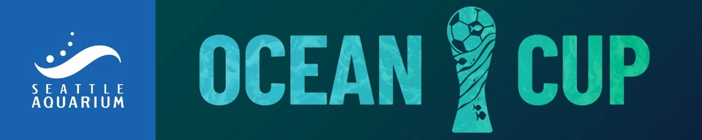 Seattle Aquarium Ocean Cup, an illustration of an ocean themed trophy with a soccer ball at the top.