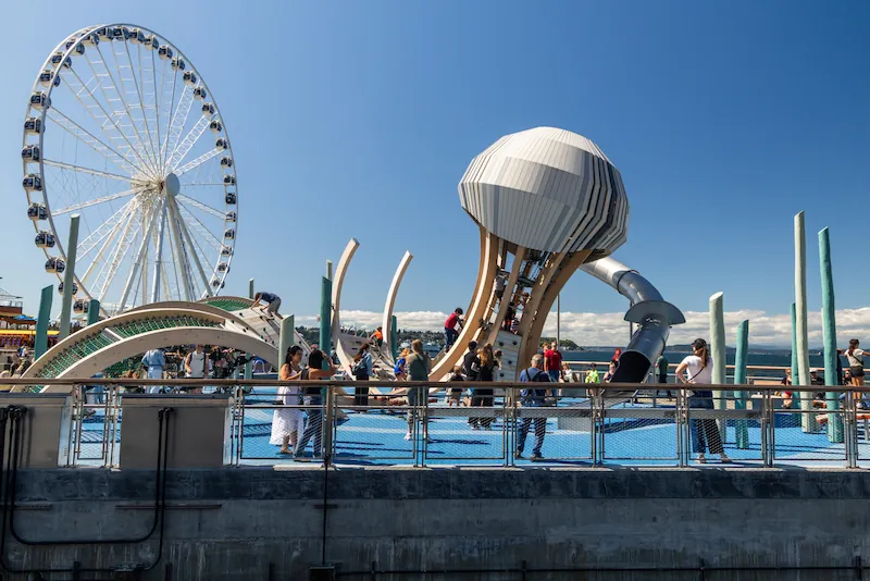The Pier 58 playground located on Seattle's waterfront, featuring different uniquely shaped play structures. The Great Wheel attraction can be seen to the left and Elliot Bay in the background.